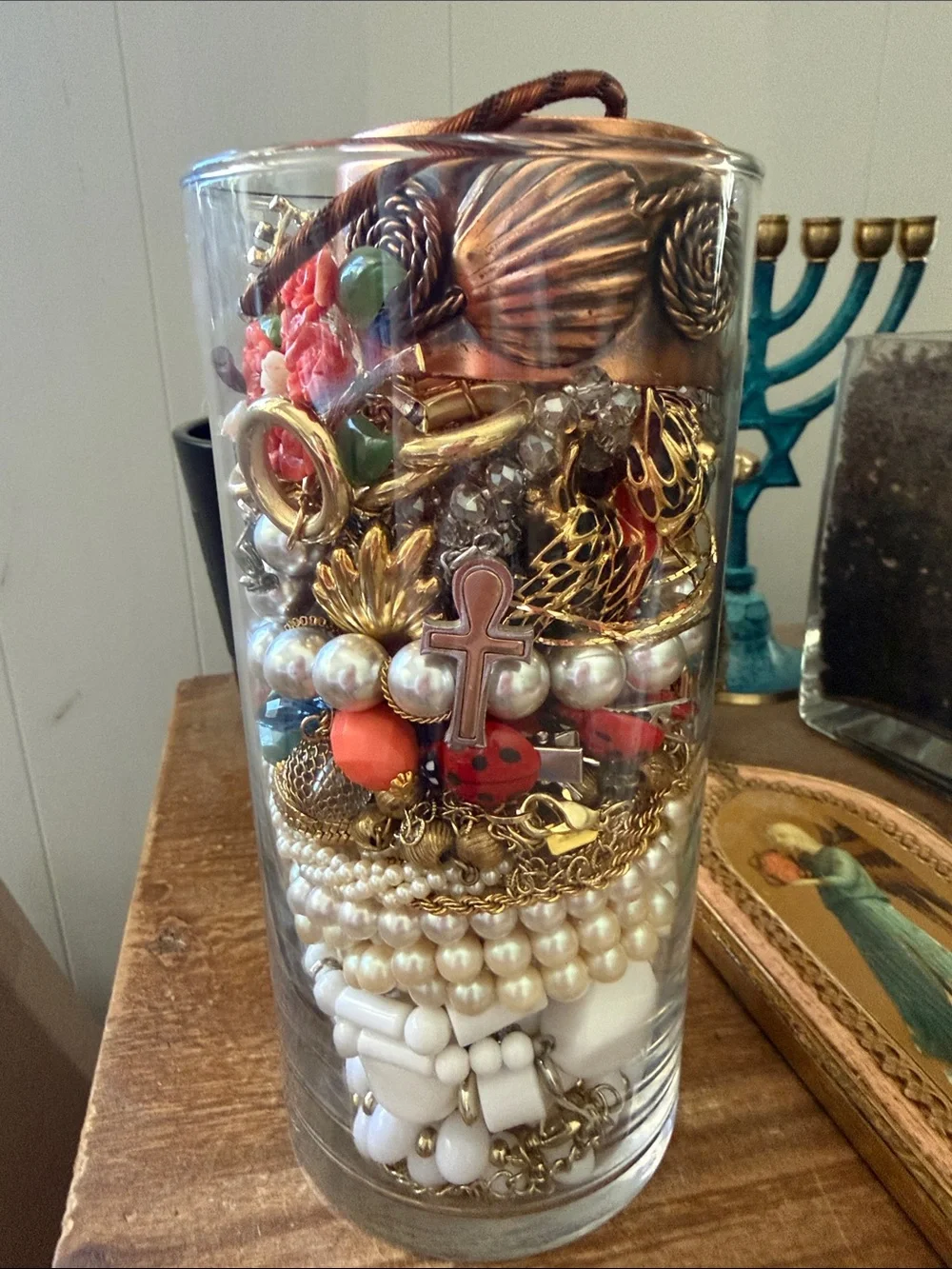 Vintage Romance Mystery Jewelry Jar – Pearls, Florals, Rhinestones & Golden Trea